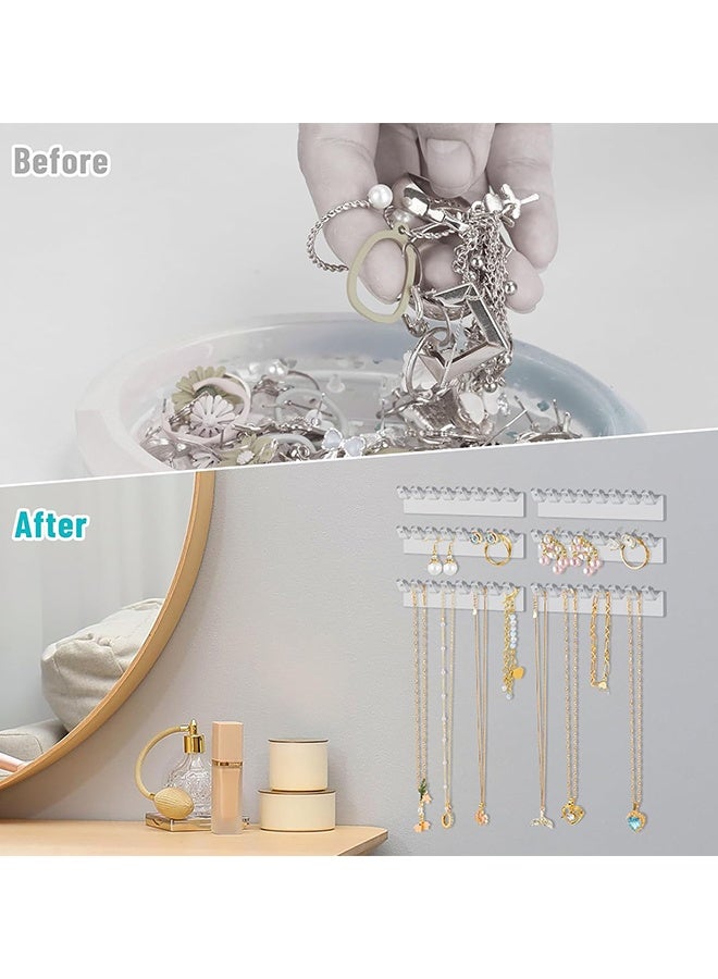 Wffo 6-Pack 48 Hooks Wall-Mounted Clear Plastic Jewelry Organizers for Earrings, Necklaces, Bracelets, Rings, Studs, No-Drill Adhesive Installation Racks for Closet, Bathroom, Bedroom, Mirror - Image 3