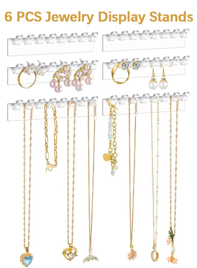 Wffo 6-Pack 48 Hooks Wall-Mounted Clear Plastic Jewelry Organizers for Earrings, Necklaces, Bracelets, Rings, Studs, No-Drill Adhesive Installation Racks for Closet, Bathroom, Bedroom, Mirror - Image 1