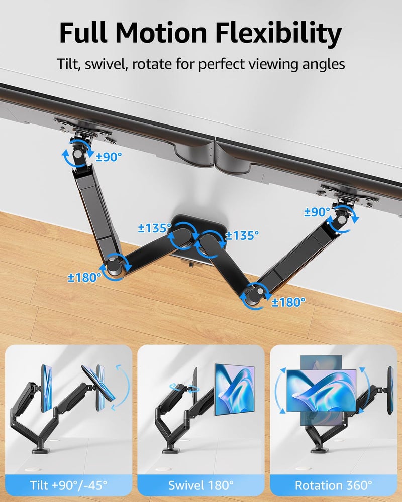 MOUNTUP Dual Monitor Stand for Desk, Gas Spring Monitor Arms for 2 Monitors Max 32 Inches, Height Adjustable Double Monitor Mount, VESA Mounts with C-Clamp & Grommet Base, Holds 4.4-17.6lbs, Black - Image 4