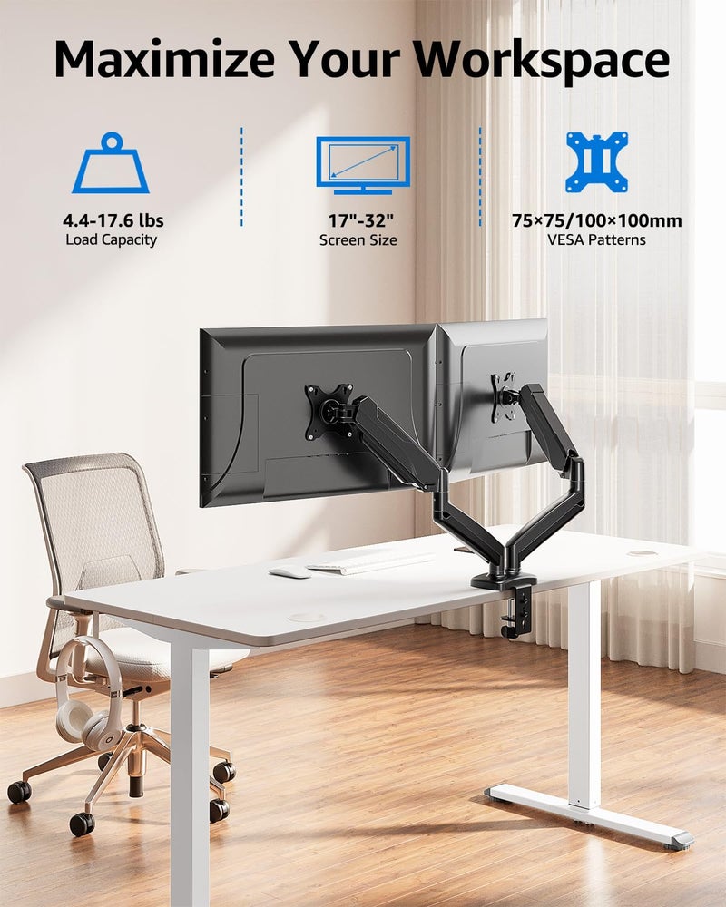 MOUNTUP Dual Monitor Stand for Desk, Gas Spring Monitor Arms for 2 Monitors Max 32 Inches, Height Adjustable Double Monitor Mount, VESA Mounts with C-Clamp & Grommet Base, Holds 4.4-17.6lbs, Black - Image 2