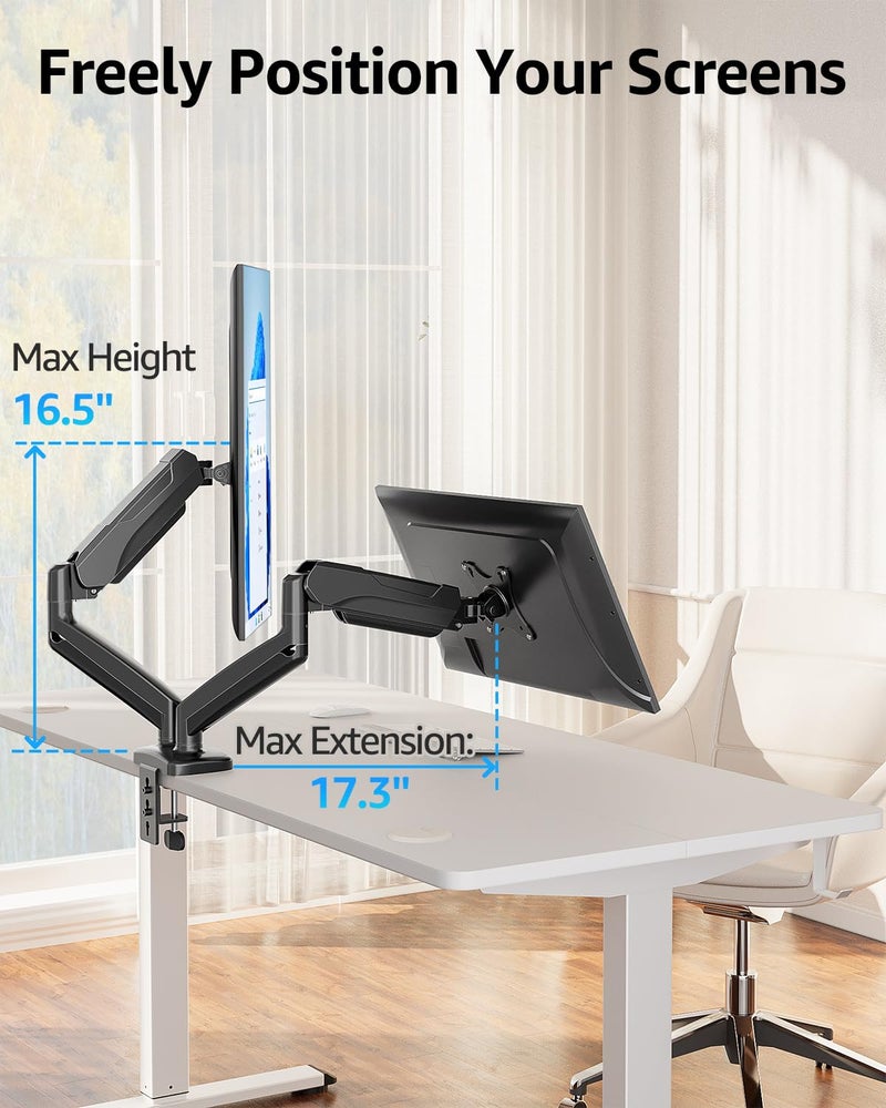 MOUNTUP Dual Monitor Stand for Desk, Gas Spring Monitor Arms for 2 Monitors Max 32 Inches, Height Adjustable Double Monitor Mount, VESA Mounts with C-Clamp & Grommet Base, Holds 4.4-17.6lbs, Black - Image 5