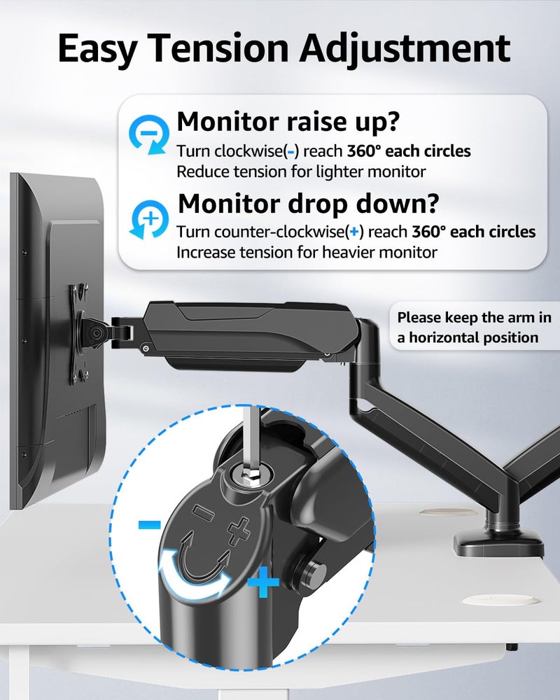 MOUNTUP Dual Monitor Stand for Desk, Gas Spring Monitor Arms for 2 Monitors Max 32 Inches, Height Adjustable Double Monitor Mount, VESA Mounts with C-Clamp & Grommet Base, Holds 4.4-17.6lbs, Black - Image 3