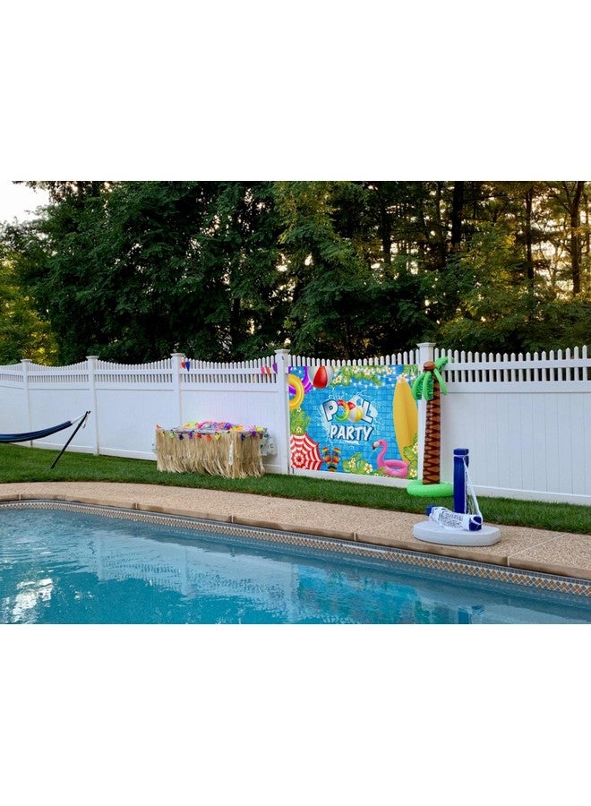 RUYI Pool Party Backdrop Summer Beach Ball Swim Ring Surfboard Tropical Palm Tree Flower Flamingo Flash Photography Background Baby Shower Birthday Swimming Party Decoration Banner Props (7X5Ft)  - Image 4
