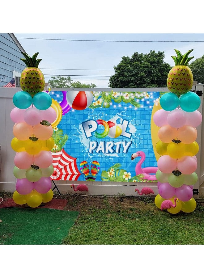 RUYI Pool Party Backdrop Summer Beach Ball Swim Ring Surfboard Tropical Palm Tree Flower Flamingo Flash Photography Background Baby Shower Birthday Swimming Party Decoration Banner Props (7X5Ft)  - Image 3