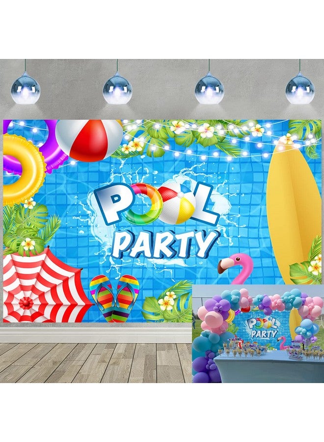 RUYI Pool Party Backdrop Summer Beach Ball Swim Ring Surfboard Tropical Palm Tree Flower Flamingo Flash Photography Background Baby Shower Birthday Swimming Party Decoration Banner Props (7X5Ft)  - Image 2