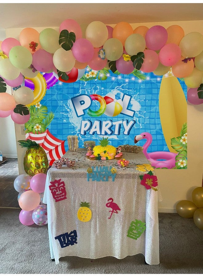 RUYI Pool Party Backdrop Summer Beach Ball Swim Ring Surfboard Tropical Palm Tree Flower Flamingo Flash Photography Background Baby Shower Birthday Swimming Party Decoration Banner Props (7X5Ft)  - Image 5