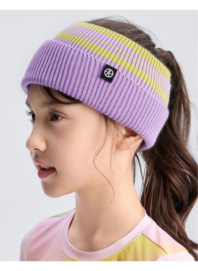 New children's striped contrast-color knitted headband with double-layered warmth and comfort, suitable for protecting ears, can be tied into a ponytail, wide edge, high elasticity - Image 2