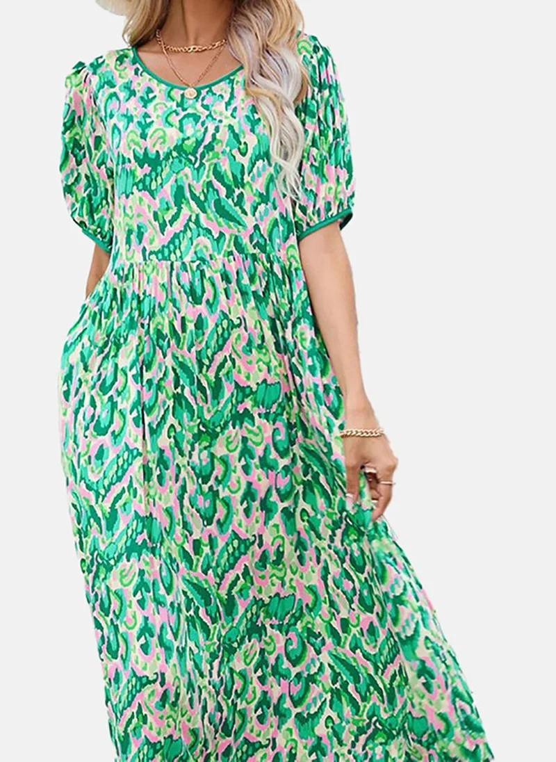 يونيكي Green Floral Print Cotton Fit & Flare Midi Dress