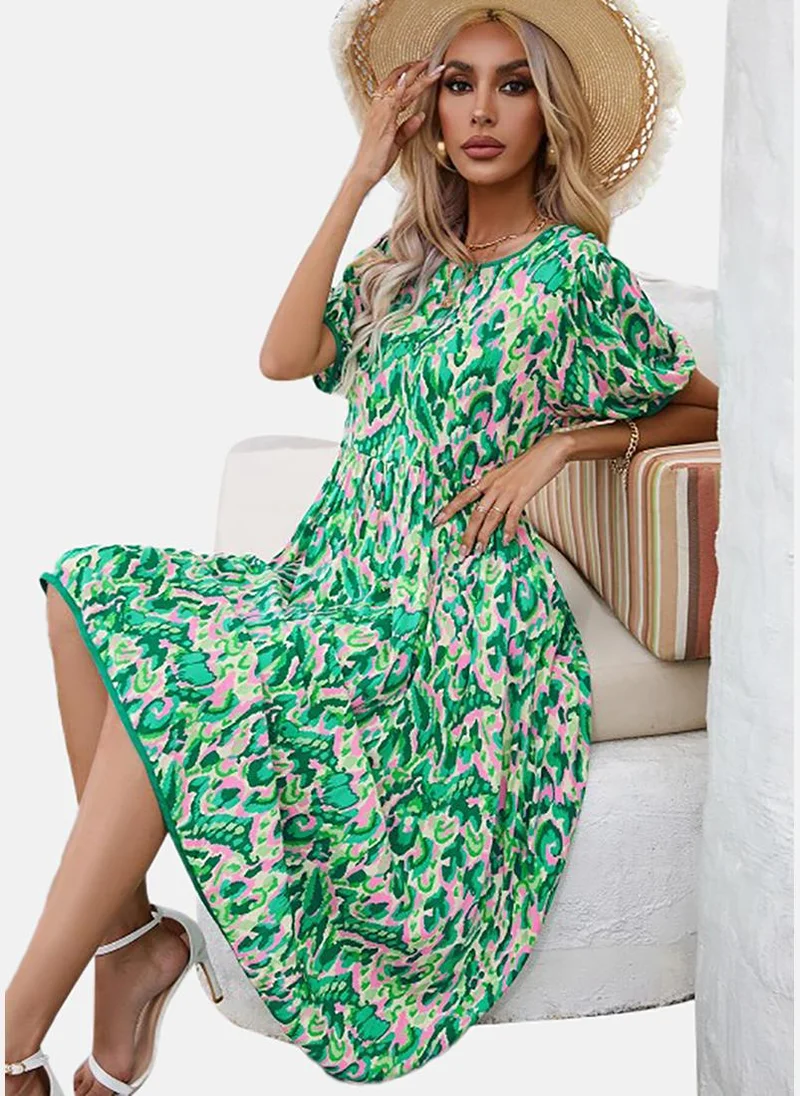 يونيكي Green Floral Print Cotton Fit & Flare Midi Dress