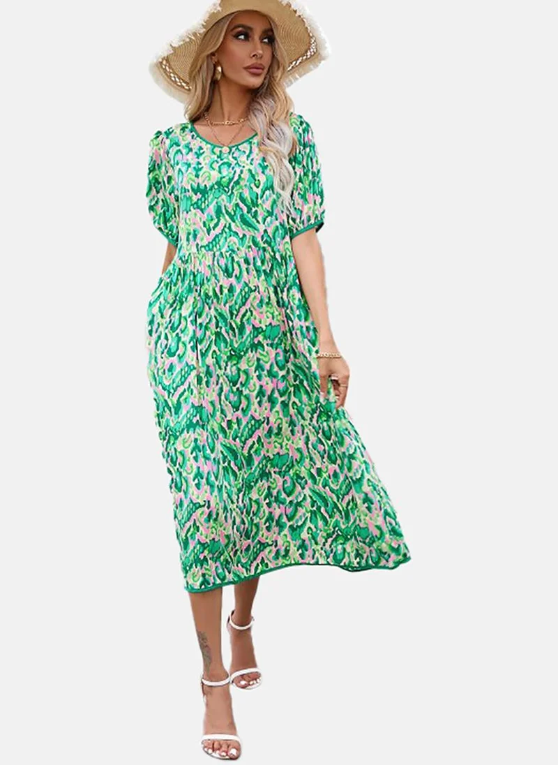 يونيكي Green Floral Print Cotton Fit & Flare Midi Dress