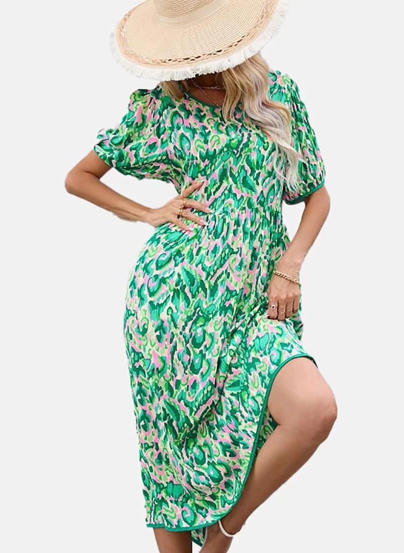 YUNIQEE Green Floral Print Cotton Fit & Flare Midi Dress
