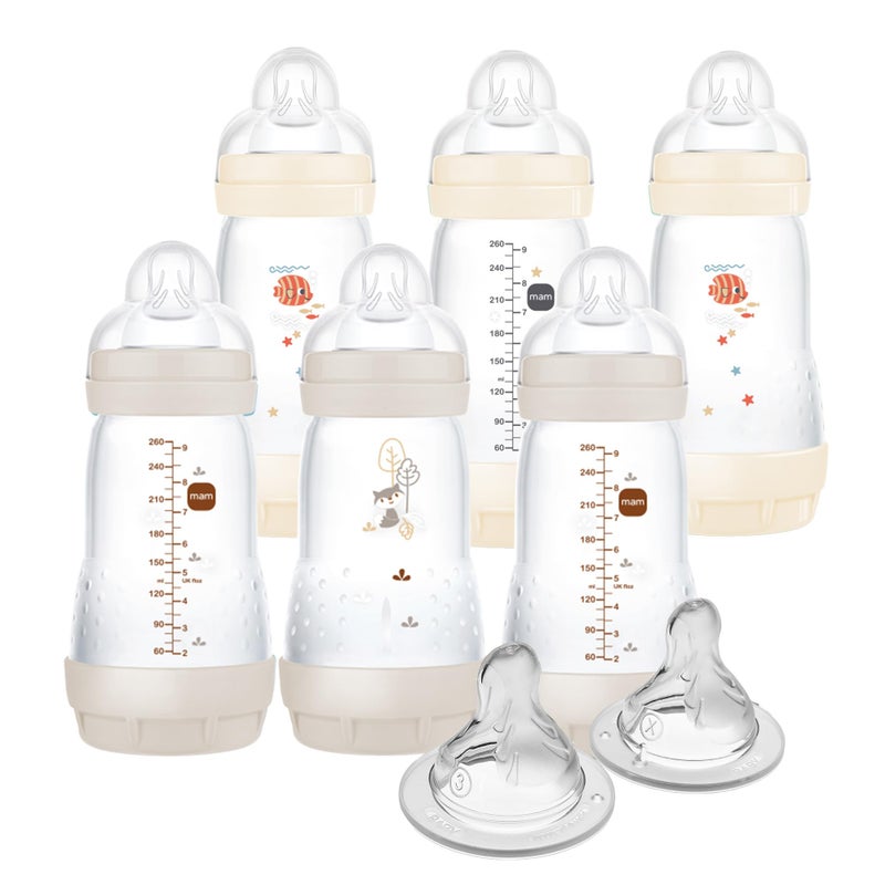 MAM 9oz Easy Start Anti-Colic Baby Bottles, Medium Flow with 2X Bonus Nipples (Fast and Extra Fast Flow), Reduces Colic, Gas, & Reflux, Easy-to-Clean, BPA-Free, 2 Plus Months - Image 1