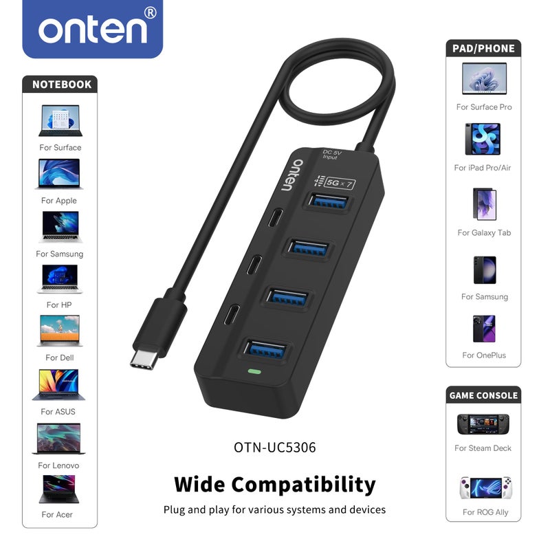 Onten USB C Hub,7 Ports USB Type-C HUB 3.2ft Cable 4*USB3.0 Ports,3*USB-C Ports forThunderbolt 3/4 MacBook Surface Pro and More Type-C Devices - Image 5