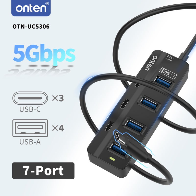 Onten USB C Hub,7 Ports USB Type-C HUB 3.2ft Cable 4*USB3.0 Ports,3*USB-C Ports forThunderbolt 3/4 MacBook Surface Pro and More Type-C Devices - Image 2