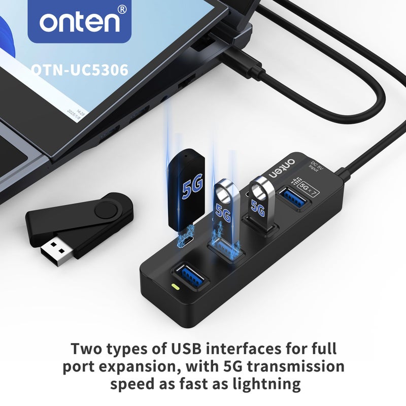 Onten USB C Hub,7 Ports USB Type-C HUB 3.2ft Cable 4*USB3.0 Ports,3*USB-C Ports forThunderbolt 3/4 MacBook Surface Pro and More Type-C Devices - Image 3