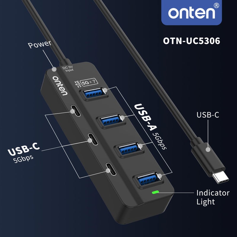 Onten USB C Hub,7 Ports USB Type-C HUB 3.2ft Cable 4*USB3.0 Ports,3*USB-C Ports forThunderbolt 3/4 MacBook Surface Pro and More Type-C Devices - Image 4