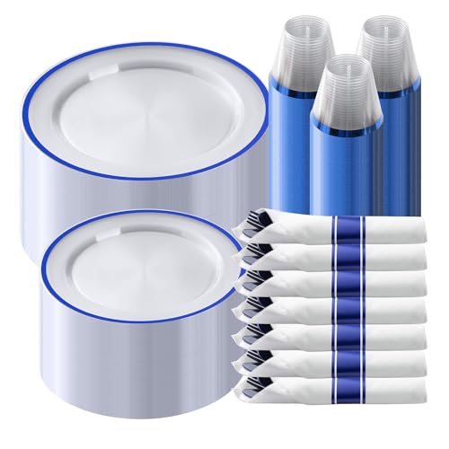 Goodluck 350 Piece Dark Blue Plastic Dinnerware Set for Party Clear Disposable Plates for 50 Guests Include 50 Dinner Plates 50 Dessert Plates 50 Pre Rolled Napkins with Cutlery Set 50 Cups