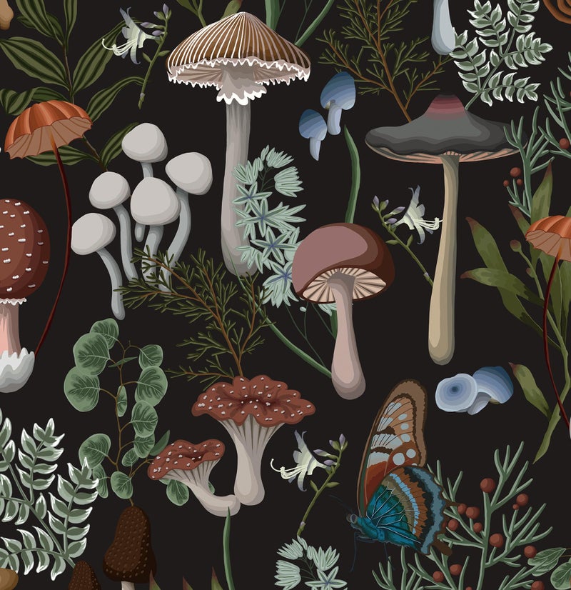 EeeComing Mushroom Wallpaper Peel and Stick Boho Wallpaper Mushroom Black Contact Paper Removable Wall Paper for Bedroom Living Room Bookcase Bathroom Self Adhesive Vinyl 787 x 1614