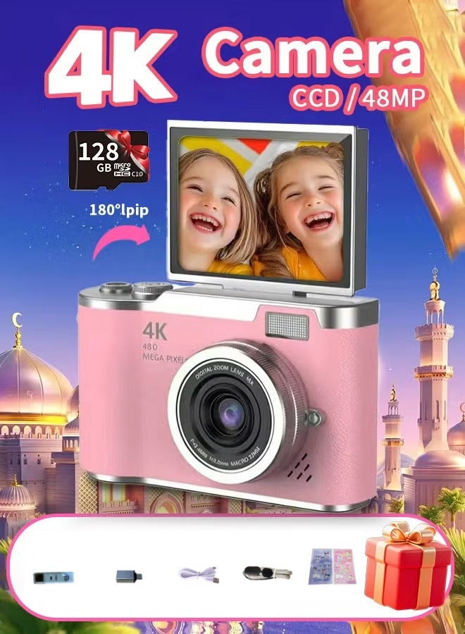 Digital Camera With 128GB Memory Card 4k CCD Digital Zoom Student Digital Cameras 48MP Portable Digital Photography Camera 180° Flip Screen Selfie Camera, Portable Pocket Camera