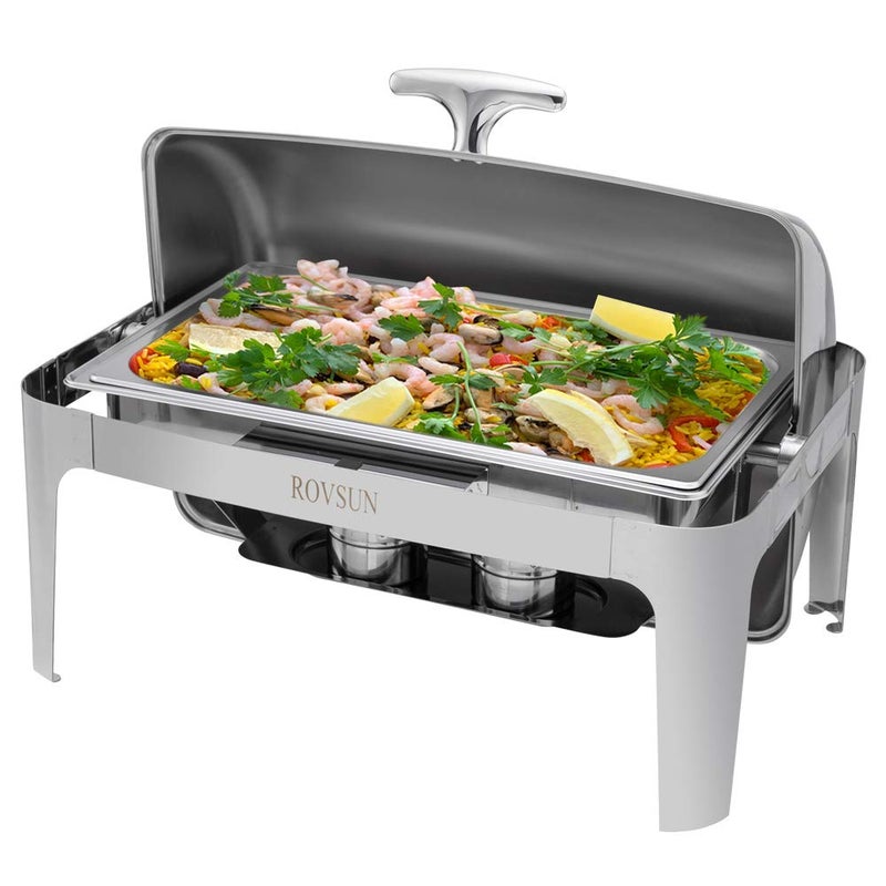 ROVSUN ROVSUN Chafing Dish Buffet Set 9 Quart Roll Top Stainless Steel Chafer NSF Rectangular Set with Food Pan Water Pan and Fuel Holders for Wedding Parties Banquet Catering Events 