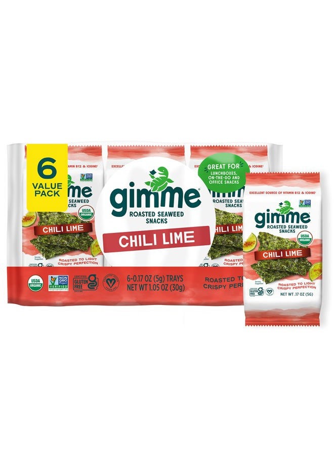 Gimme وجبات خفيفة من الأعشاب البحرية المحمصة العضوية الممتازة، فلفل حار وليمون، 6 قطع، كيتو، نباتي، خالي من الغلوتين، مصدر رائع لأوميغا 3 واليود، وجبة خفيفة صحية للأطفال والبالغين - Image 1