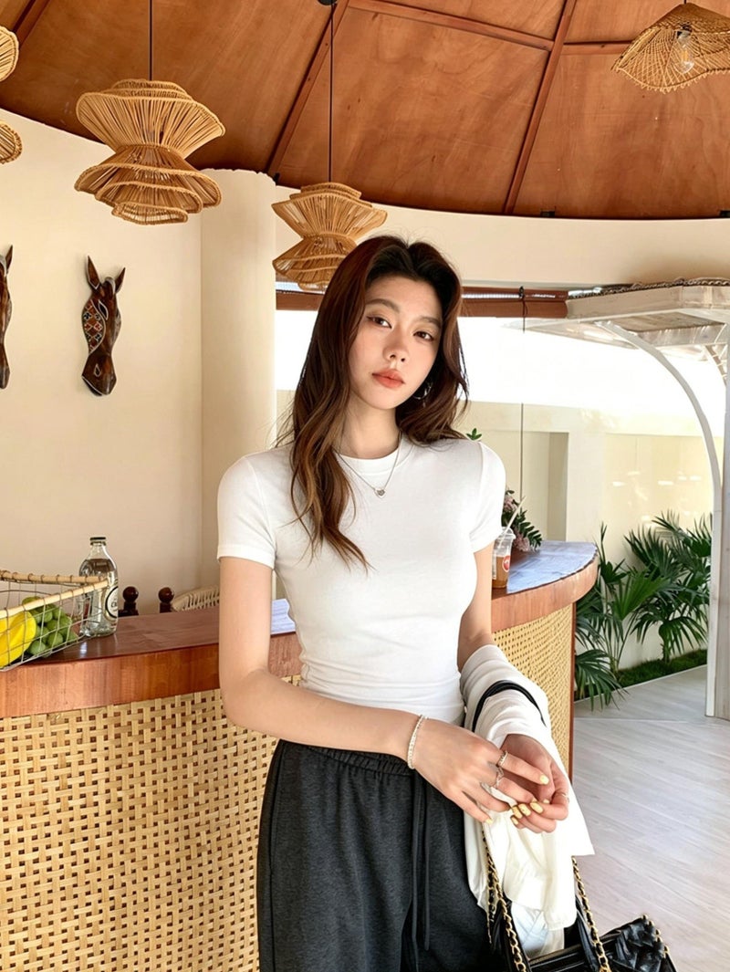 T - Shirt Women'S Short - Sleeved Summer 2026 New Korean High - End Slim Fit Round Neck Top - White / XXS - Image 2