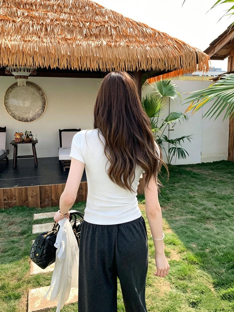 T - Shirt Women'S Short - Sleeved Summer 2026 New Korean High - End Slim Fit Round Neck Top - White / XXS - Image 3