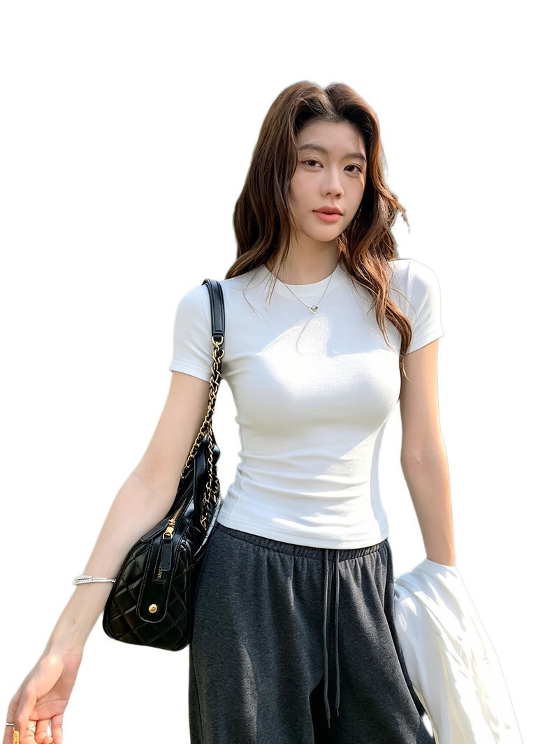 T - Shirt Women'S Short - Sleeved Summer 2026 New Korean High - End Slim Fit Round Neck Top - White / XXS - Image 1