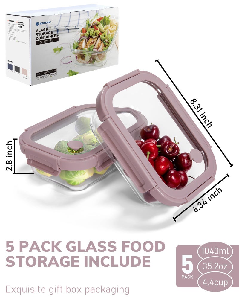 BOROHOUSE 5-Pack Borosilicate Glass Containers with Tempered Lids, 35.2oz/4.4 Cup Airtight Meal Prep Set, Microwave/Freezer Safe (Pink) - Image 2