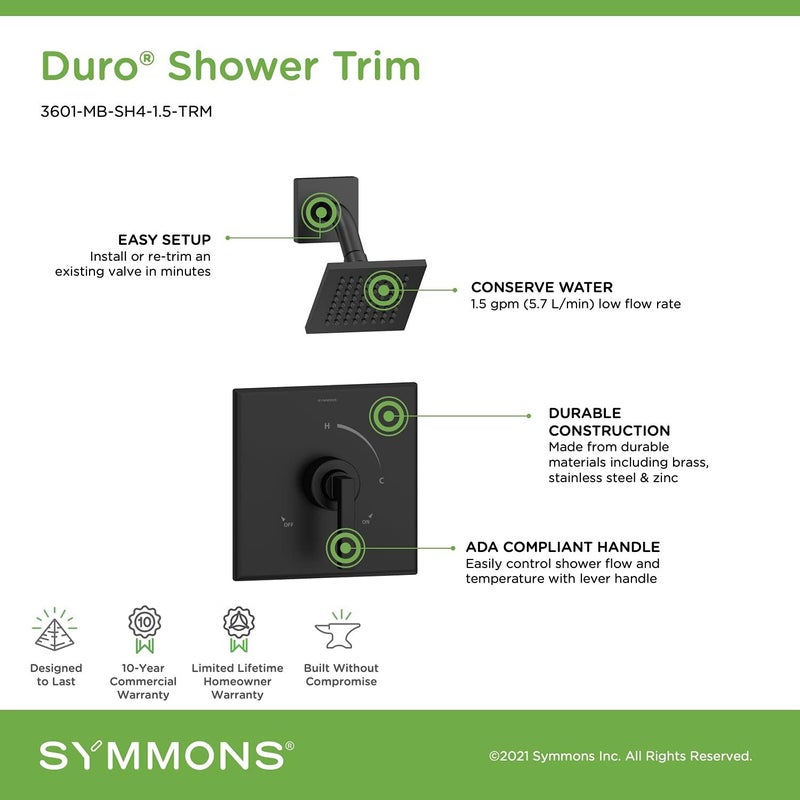 Symmons Symmons 3601MBSH415TRM Duro Single Handle 1Spray Shower Trim in Matte Black  15 GPM Valve Not Included  - Image 3