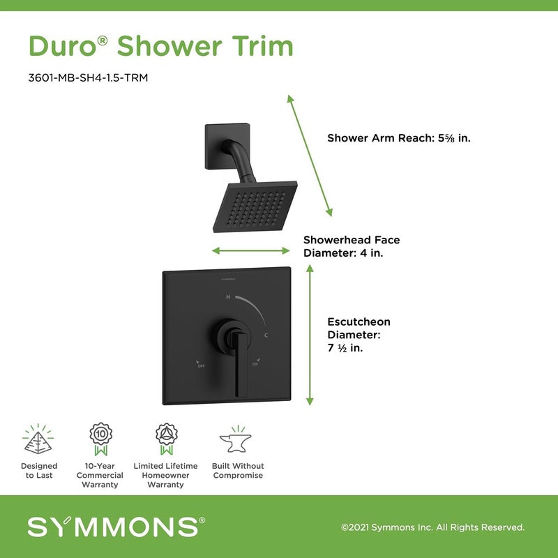 Symmons Symmons 3601MBSH415TRM Duro Single Handle 1Spray Shower Trim in Matte Black  15 GPM Valve Not Included  - Image 2