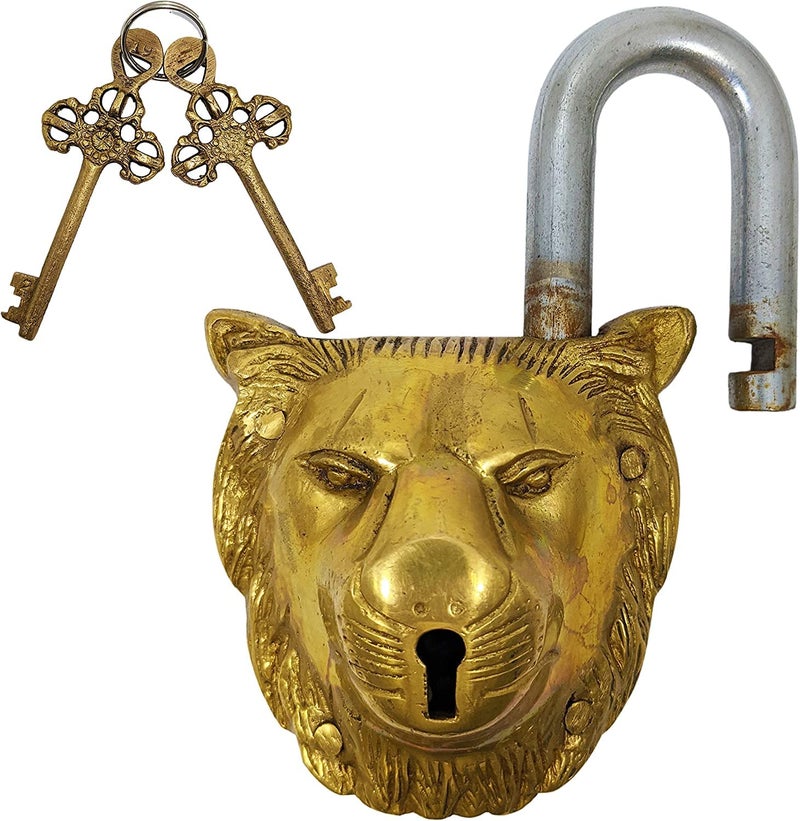 GURU JEE Handmade Solid Brass Lion Padlock with 2 Keys Beautiful Fully Functional Lock Sturdy EyeCatching Detailed Design Gifts Showpiece - Image 1