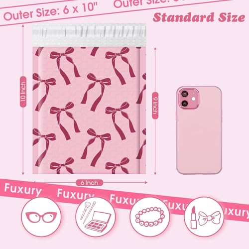 Fuxury Bubble Mailers 6x10 Padded Envelopes 100 Pack Pink Bows Cute Design Bubble Envelopes Usable Size 6x9 Strong Adhesion Pattern Shipping Envelopes Thick Padded Mailer for Mailing Jewelry Makeup - Image 3