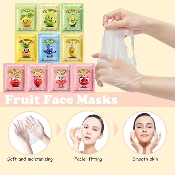 Aaiffey 10 Pack Fruit Face Mask,Facial Mask for Kids Skin Care Moisturize,Brighten Soothe Spa Party Face Mask Set for Women Men Girls Nourish for All Skin Types Christmas Gifts - Image 3