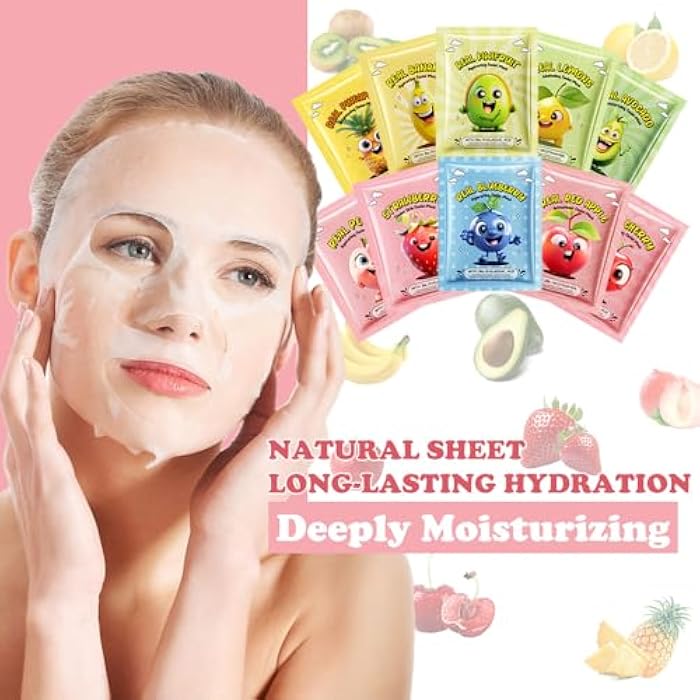 Aaiffey 10 Pack Fruit Face Mask,Facial Mask for Kids Skin Care Moisturize,Brighten Soothe Spa Party Face Mask Set for Women Men Girls Nourish for All Skin Types Christmas Gifts - Image 2