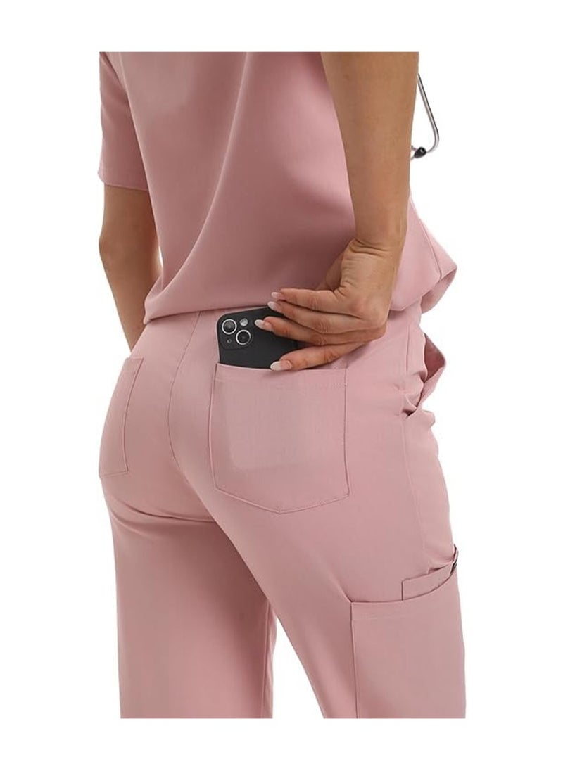 L&E Scrub for Women Set, Female Nurse Uniform, Classic V neck Top and Jogger Scrub Pants Medica l Uniform Suit with 9 Pockets, Hospital Staff, clinics, Home Health, Pink, M  - Image 4