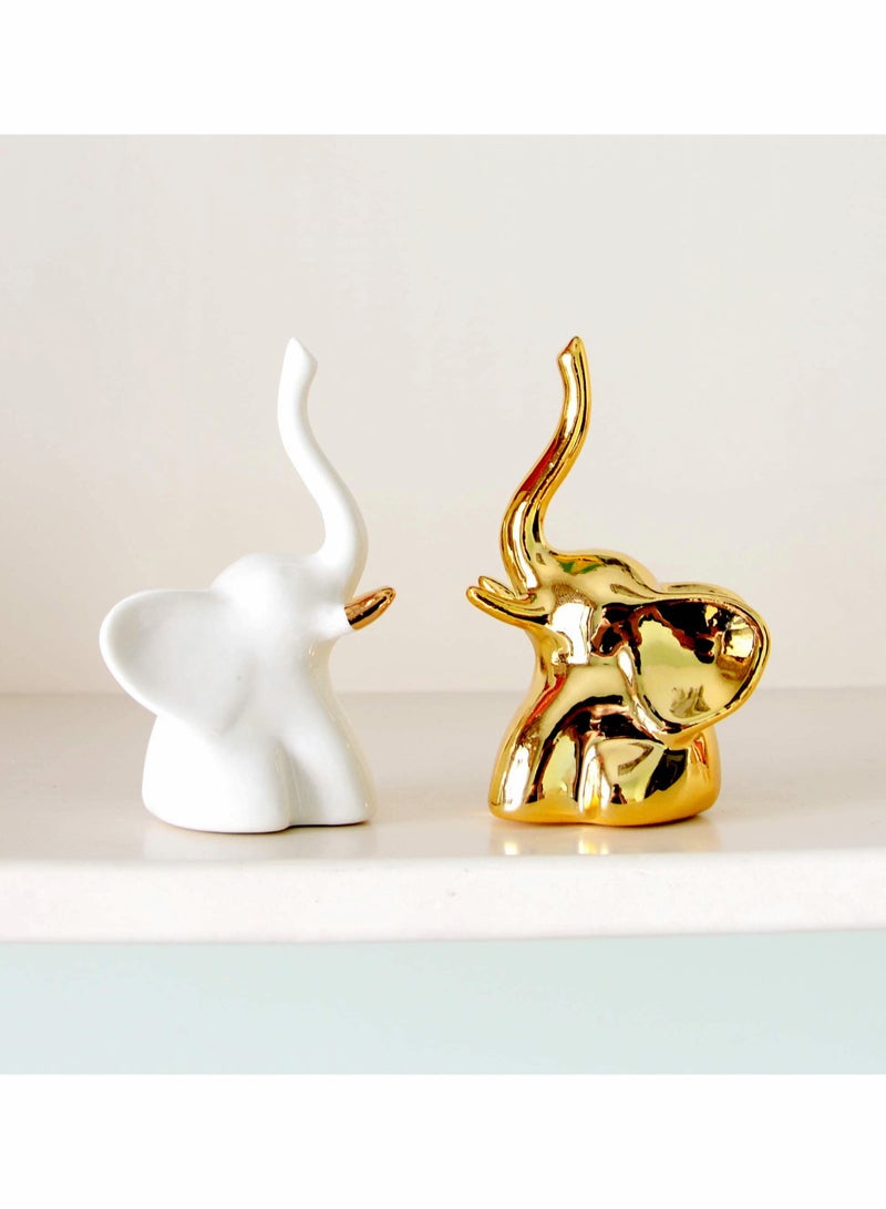 KASTWAVE Home Decor Elephant Statues,1 Pair, Small Decorative Accents for Shelves, Livingroom and Bedroom, Gold and White - Image 1