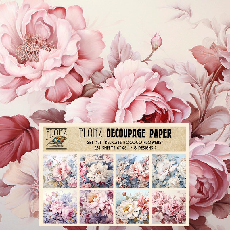 Decoupage Paper Pack (24 Sheets 6"x6") Delicate Rococo Flowers # Vintage Styled Pattern Paper for Decoupage, Craft and Scrapbooking