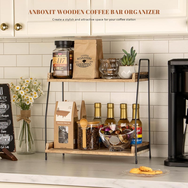 ANBOXIT Countertop Coffee Station Organizer, 2 Tier Wooden Shelf for Coffee Bar Accessories, Condiment Storage Caddy for Kitchen, Home, Office - Brown - Image 3
