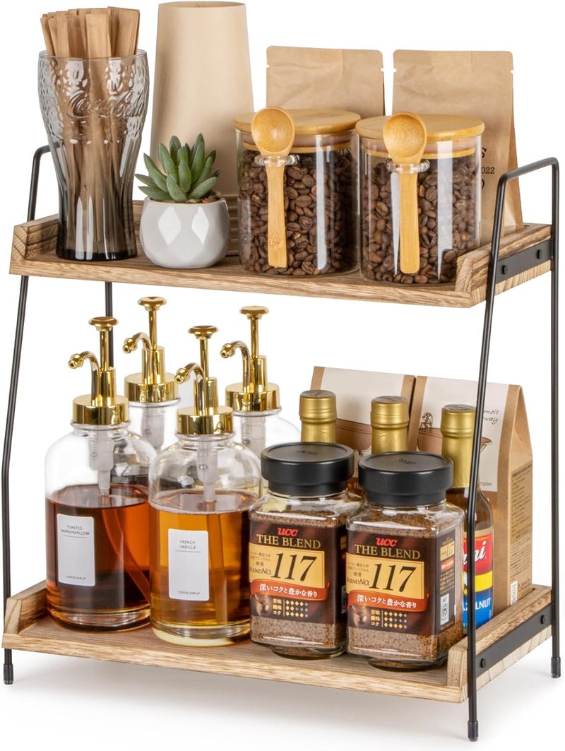ANBOXIT Countertop Coffee Station Organizer, 2 Tier Wooden Shelf for Coffee Bar Accessories, Condiment Storage Caddy for Kitchen, Home, Office - Brown - Image 1