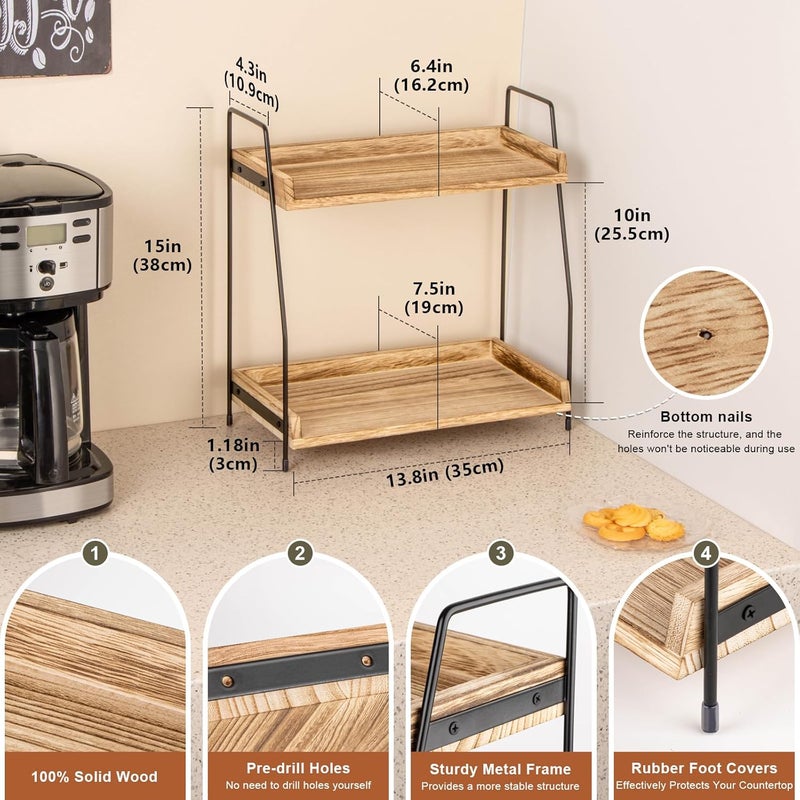 ANBOXIT Countertop Coffee Station Organizer, 2 Tier Wooden Shelf for Coffee Bar Accessories, Condiment Storage Caddy for Kitchen, Home, Office - Brown - Image 2