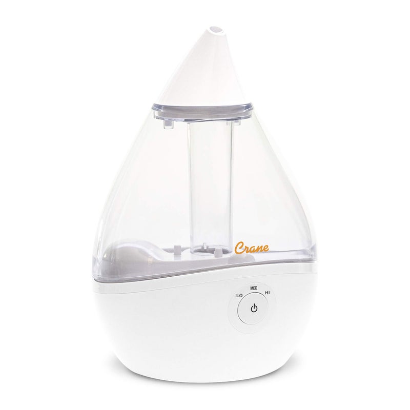 Crane Ultrasonic Teardrop Humidifier for Baby Cool Mist Auto Shut off Adjustable Humidity for Nursery Bedroom Clear and White 05 Gallon