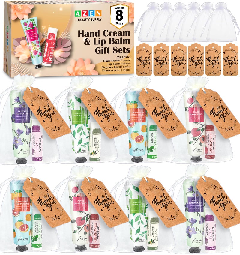AZEN 8 Sets Bulk Gifts, Hand Cream and Lip Balm Bulk Set with Organza Bag Thank You Card, Baby Shower Wedding Gifts for Guests, Bridal Wedding Favors, Valentines Gift for Women - Image 1