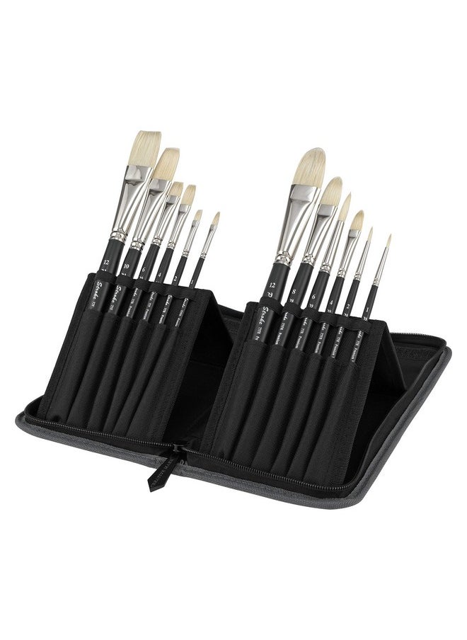Creative Mark - Pro Stroke White Bristle Paint Brush Artist Set With Zippered Black Travel Organizer Case For Oil Gouache Acrylics And Watercolor Paints 12 Pieces Pack Of 1 - Image 1