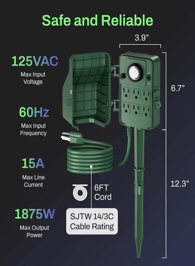BN-LINK Century Mechanical 24 Hour Outdoor Socket, Multi-Socket, Timer, 6 Outlets, Garden Energy, Green Ground Spike - Image 5