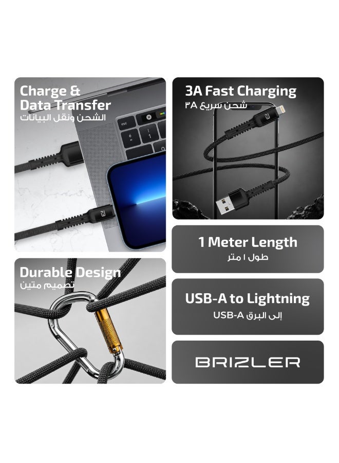 بريزلر كابل Lightning إلى USB-A - يدعم الشحن السريع بقوة 3 أمبير، ومزامنة البيانات عالية السرعة، وتصميم فائق المتانة، بطول 1 متر، باللون الأسود. - Image 2