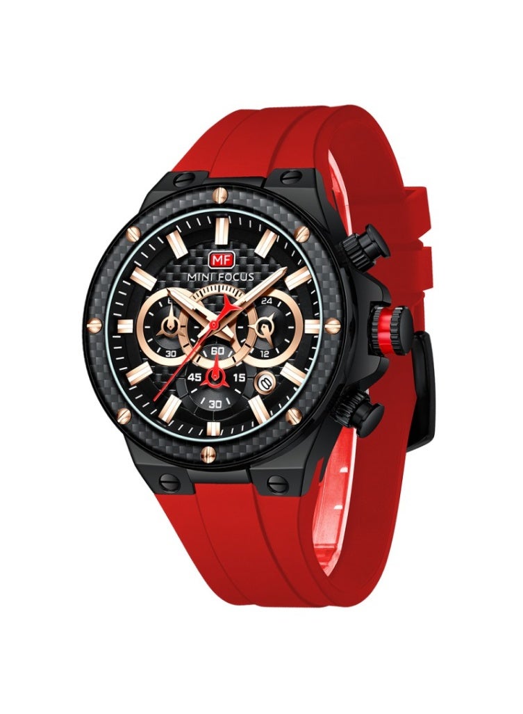 Mini Focus MF0468G-03 Men’s Chronograph Watch – Black & Red, Silicone Strap, Water Resistant - Image 1