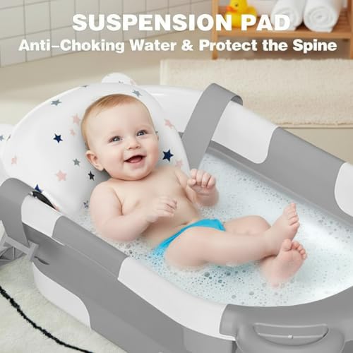 TPN Collapsible Baby Bathtub, Baby Bath Tub with Soft Cushion & Real-Time Thermometer, Baby Bathtub Infant to Toddler Tub (0-36 Months), Portable Travel Baby Tubs for Newborns (Grey) - Image 2