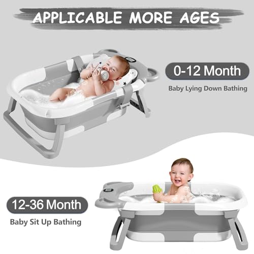 TPN Collapsible Baby Bathtub, Baby Bath Tub with Soft Cushion & Real-Time Thermometer, Baby Bathtub Infant to Toddler Tub (0-36 Months), Portable Travel Baby Tubs for Newborns (Grey) - Image 3