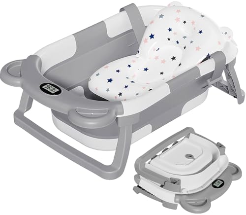 TPN Collapsible Baby Bathtub, Baby Bath Tub with Soft Cushion & Real-Time Thermometer, Baby Bathtub Infant to Toddler Tub (0-36 Months), Portable Travel Baby Tubs for Newborns (Grey) - Image 1